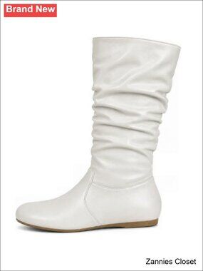 👻 Slouchy Mid-Calf Flat Dress Boots Faux Leather Inside Zipper Low Heel